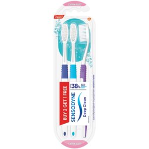 Sensodyne Deep Clean Extra Soft Toothbrush for Adults | Extra Soft Bristles Toothbrush for Gentle yet Effective Cleaning | Buy 2 Get 1 Free Pack, manual, Multi Color.
